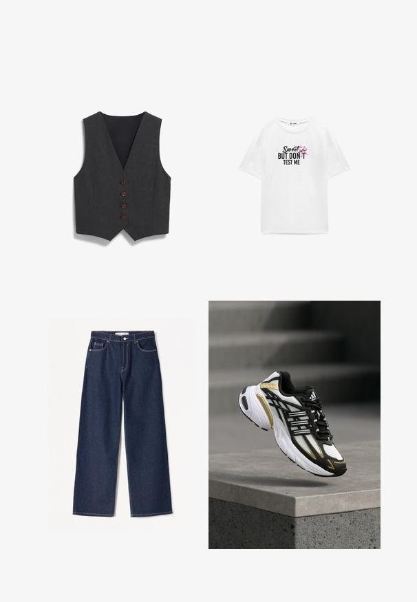 Heren vest in antracietgrijs met een diepe V-hals, vijf bruine knopen en een strakke, gladde textuur. Heeft een zwarte voering aan de achterkant.; Witte katoenen t-shirt met korte mouwen, met zwarte tekst "Sweet BUT DON'T TEST ME" en een roze strikgraphic aan de linkerkant.; Donkerblauwe wijdvallende jeans van denimstof met witte stiksels, heeft twee zijzakken en een klassieke knoopsluiting.; Witte, zwarte en gouden hardloopschoen met veterontwerp, zwevend boven een grijs betonnen richel in een stedelijke omgeving.
