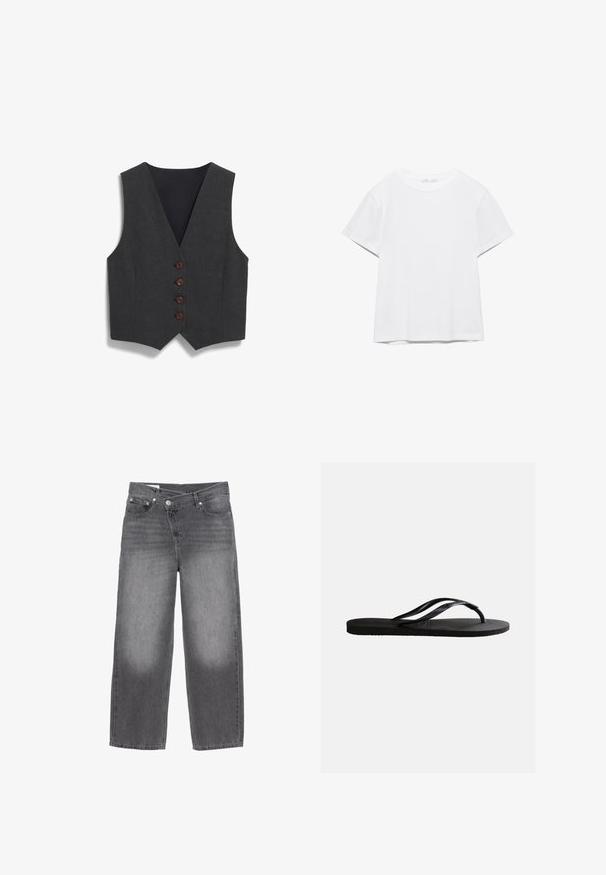 Heren vest in antracietgrijs met een diepe V-hals, vijf bruine knopen en een strakke, gladde textuur. Heeft een zwarte voering aan de achterkant.; Effen wit T-shirt met korte mouwen en ronde hals, met een rechte zoom, gepresenteerd tegen een witte achtergrond.; Grijze denim wijde jeans met een zachte textuur, voorzien van een ontwerp met vijf zakken en een knoopsluiting, met lichte vervaging aan de voorkant.; Zwarte rubberen teenslipper met een gestructureerd voetbed en dunne Y-vormige bandjes op een effen witte achtergrond.