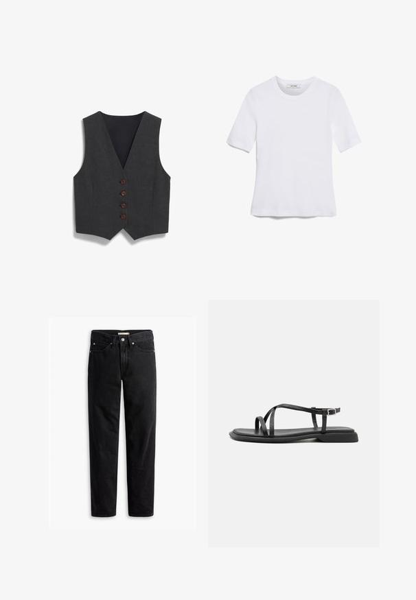 Herrenweste in Anthrazitgrau mit tiefem V-Ausschnitt, fünf braunen Knöpfen und einer eleganten, glatten Textur. Mit schwarzem Rückenteil gefüttert.; Weißes kurzärmliges T-Shirt aus geripptem Stoff. Runder Halsausschnitt, normale Passform und dezente Nähte. Keine Muster oder Grafiken.; Schwarze gerade Jeans mit Knopf- und Reißverschluss, Gürtelschlaufen sowie Vorder- und Gesäßtaschen, auf weißem Hintergrund flach präsentiert.; Schwarze flache Sandalen mit dünnen verstellbaren Riemen, rechteckigem Zehenriemen und einer strukturierten, matten Oberfläche. Mit einem niedrigen, leicht quadratischen Absatz.