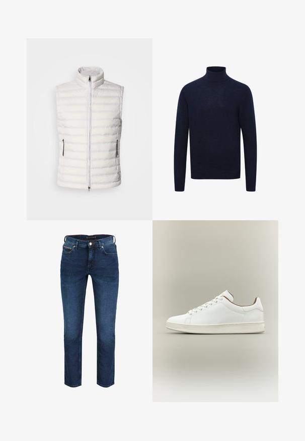 Witte donzen vest met een hoge kraag, verticale stiksels, een rits aan de voorkant en twee zijzakken, met een strakke, gladde textuur.; Marineblauwe coltrui met lange mouwen en geribde kraag, manchetten en zoom, weergegeven op een witte achtergrond.; Donkerblauwe denim jeans met een rechte pasvorm, voorzien van een rits, vijf zakken en rode stikselaccenten op de tailleband. Glad textuur.; Witte lage sneaker met veters aan de voorkant, glad leren bovenwerk en lichtbeige zool tegen een neutrale achtergrond.