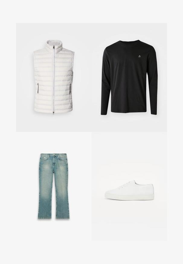 Witte donzen vest met een hoge kraag, verticale stiksels, een rits aan de voorkant en twee zijzakken, met een strakke, gladde textuur.; Zwarte langemouwen t-shirt gemaakt van katoen, met een ronde hals en een klein wit logo op de linkerkant van de borst. Eenvoudig ontwerp.; Lichtblauwe spijkerbroek met lichte vervaging, een rechte pijp, voorste knoopsluiting en vijfzakkenmodel op een witte achtergrond.; Witte leren sneakers met een gladde textuur, ronde neus, platte zool en subtiel goudkleurig logo-detail aan de zijkant. Klassiek vetersluiting ontwerp.