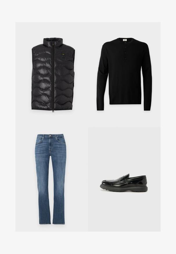 Veste sans manches matelassée noire avec col montant, fermeture zippée à l'avant et petit patch logo jaune sur la poitrine gauche.; Chemise henley noire à manches longues avec quatre boutons et col rond, présentée sur un fond gris clair.; Jean denim bleu à jambes droites avec poches avant, fermeture à boutons et léger effet délavé sur les cuisses et les genoux.; Mocassin en cuir noir avec une finition brillante, bout arrondi, détails de couture subtils et semelle en caoutchouc épaisse pour la durabilité.