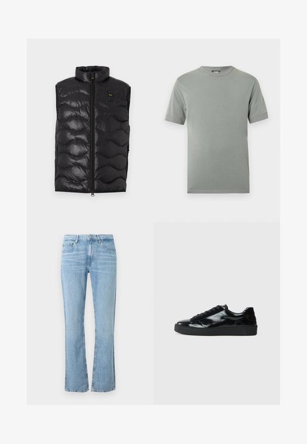 Veste sans manches matelassée noire avec col montant, fermeture zippée à l'avant et petit patch logo jaune sur la poitrine gauche.; T-shirt gris en coton avec un col rond, des manches courtes et un design simple. Présente une texture lisse et des coutures régulières le long des ourlets.; Jean en denim bleu clair à taille haute, fermeture par bouton et fermeture éclair, poches avant et arrière, jambes légèrement évasées.; Baskets en cuir verni noir avec un bout arrondi, un laçage, une semelle en caoutchouc texturé et une finition lisse.