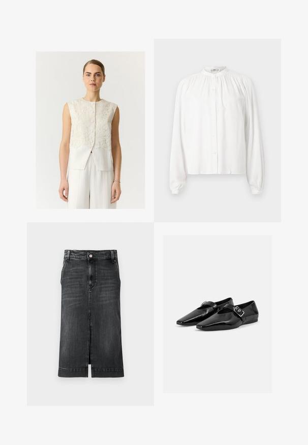 Femme à la peau claire et aux yeux bleus portant un gilet blanc sans manches texturé à motifs floraux et boutonné, ainsi qu’un pantalon blanc assorti, sur un fond uni.; Blouse blanche à manches longues avec un col rond froncé et une fermeture à boutons sur le devant. Fabriquée dans un tissu lisse avec des manches légèrement bouffantes.; Jupe en denim foncé, droite, longueur genou, avec fente à l'avant et design classique à cinq poches. Équipée d'une fermeture à bouton et de passants de ceinture.; Paire de chaussures plates en cuir verni noir à bouts pointus avec une bride à boucle sur le dessus, montrée sur un fond clair uni.