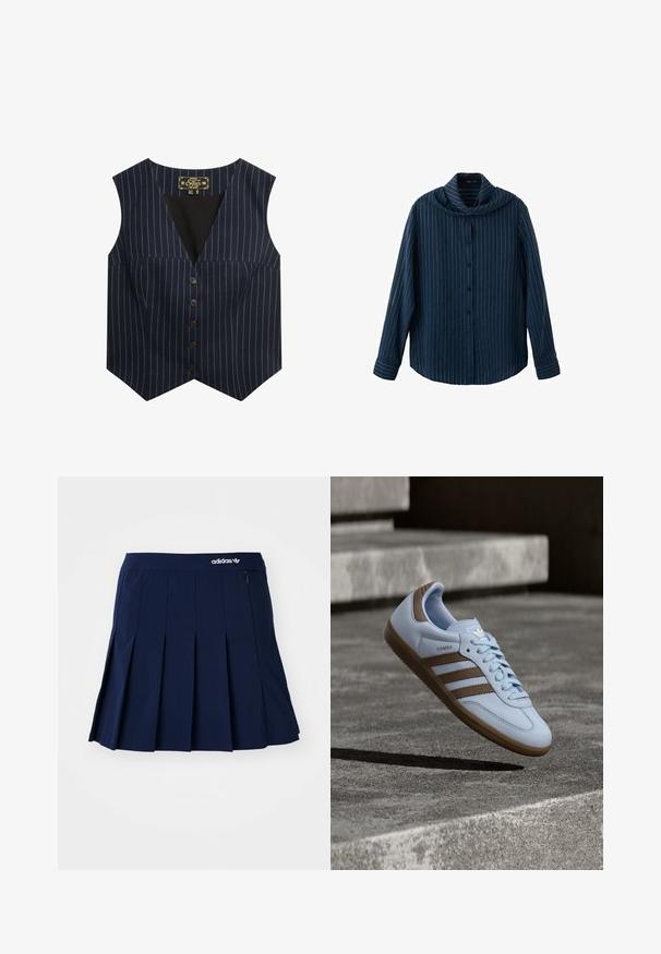 Marine vest met witte streepjes, zonder mouwen, V-hals en zes bruine knopen aan de voorkant, gemaakt van een gladde stof.; Marineblauw overhemd met lange mouwen, witte verticale krijtstreepjes en een brede, vallende kraag.; Marineblauwe plooienrok van lichtgewicht stof; heeft een elastische tailleband en een klein zipvak, met een wit Adidas-logo op de voorkant.; Lichtblauwe sneaker met bruine suède accenten, voorzien van drie zijstrepen, platte veters en een getextureerde gumzool. Merkembleem op de tong.