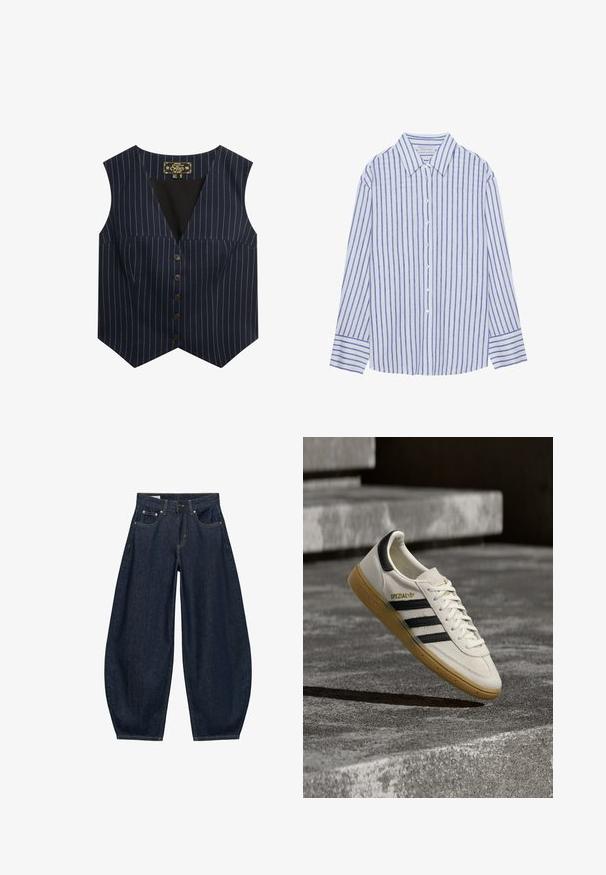 Marine vest met witte streepjes, zonder mouwen, V-hals en zes bruine knopen aan de voorkant, gemaakt van een gladde stof.; Lichtblauw overhemdd met verticale witte en blauwe strepen, met een klassieke kraag en lange mouwen met knoopmanchetten.; Donkerblauwe denim jeans met wijde pijpen, voorzakken, riemlussen en een knoopsluiting in de taille.; Witte Adidas Spezial sneaker met zwarte strepen en gumzool, zwevend boven grijze stenen trappen buiten.