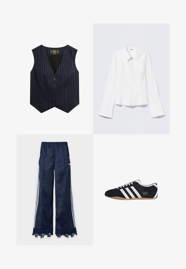 Marine vest met witte streepjes, zonder mouwen, V-hals en zes bruine knopen aan de voorkant, gemaakt van een gladde stof.; Wit lang mouwen shirt met een kraag en een rits aan de voorkant. Heeft uitlopende manchetten en een gladde, katoenmengseltextuur.; Marineblauwe trainingsbroek met wijde pijpen, witte zijstrepen, elastische tailleband, adidas-logo op de heup en kantafwerking aan de zoom.; Zwarte suède sneaker met witte drie strepen, gouden logo en een bruine rubberen zool. Heeft een laag profiel vetersluiting ontwerp.