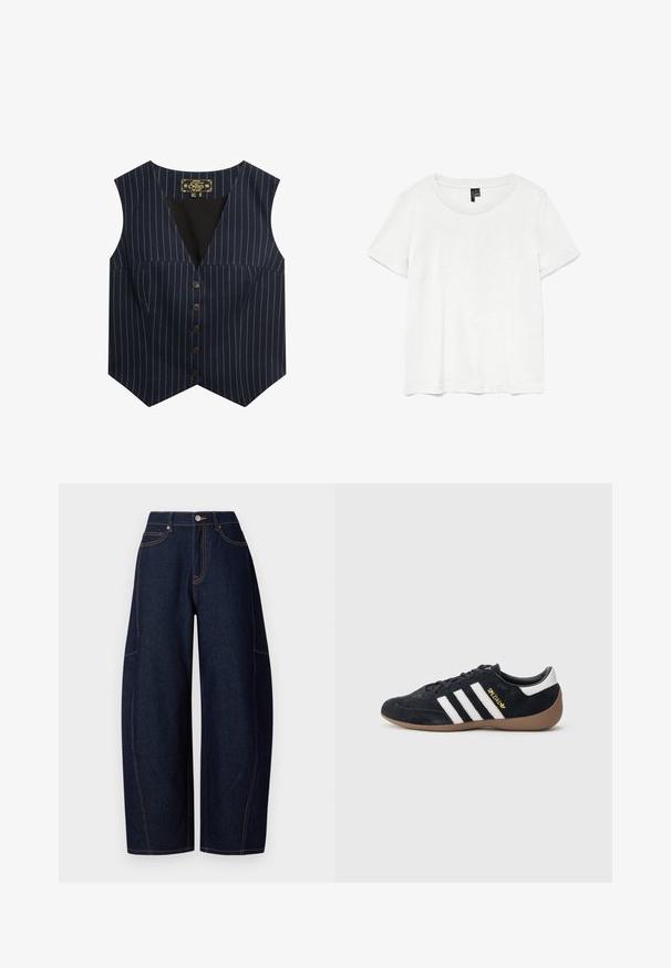 Marinestribet vest med hvidt, sans ærmer, V-hals og seks brune knapper foran, lavet af en glat stof.; Hvid kortærmet t-shirt med rund halsudskæring, lavet af letvægtsstof. Enkel design, glat tekstur og lige kant.; Bredde ben mørkeblå denimbukser med kontrasterende orangetråd, fem lommer og en knap- og lynlåslukning i taljen.; Sort ruskindssneaker med tre hvide striber, gummisål og et lille gyldent logo på siden. Har en glat sort foring indvendigt.