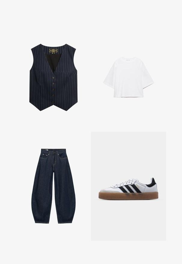 Marine vest met witte streepjes, zonder mouwen, V-hals en zes bruine knopen aan de voorkant, gemaakt van een gladde stof.; Wit, kort mouw, boxy t-shirt gemaakt van zacht katoen. Heeft een ronde hals en brede mouwen, met een strak, eenvoudig ontwerp.; Donkerblauwe denim jeans met wijde pijpen, voorzakken, riemlussen en een knoopsluiting in de taille.; Witte leren sneakers met zwarte strepen, gumrubberen buitenzool, ronde neus, vetersluiting en een zachte grijze suède neuskap.