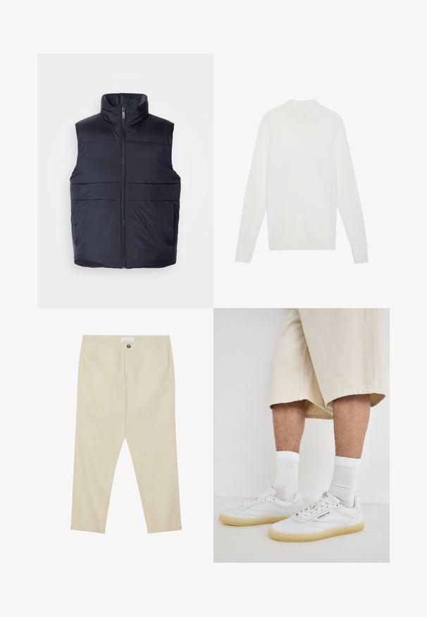 Navy blå dunvest med høj krave og forknebet lynlås, der har en glat, let glansende overflade og vandrette syninger.; Hvid pullover sweater med høj halsudskæring, lange ærmer og ribbede manchetter og kant. Fremstillet af et blødt strikket stof. Simpelt og tætsiddende design.; Beige bomuldsbukser med lige snit, frontlommer og enkelt knaplukning. Ankellængde med en glat tekstur.; Hvide lædersneakers med gummisåler, der har perforerede detaljer, snørebånd og et logo på tungen. Båret med hvide ankelsokker og beige shorts.