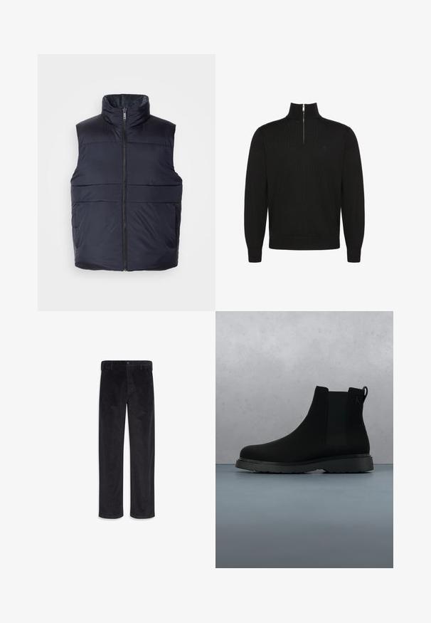 Marineblauwe puffer vest met een hoge kraag en een ritssluiting aan de voorkant, met een gladde, licht glanzende textuur en horizontale stikdetails.; Zwarte trui met lange mouwen, een halve rits aan de voorkant en geribde manchetten en zoom, met een klein subtiel logo op de borst.; Zwarte corduroy broek met rechte pijpen, knoop- en ritssluiting, riemlussen en zijzakken.; Zwarte enkelboot van soepel materiaal met subtiele stiksels, een rubberen zool en een slank ontwerp, gepositioneerd boven een houten textuur.