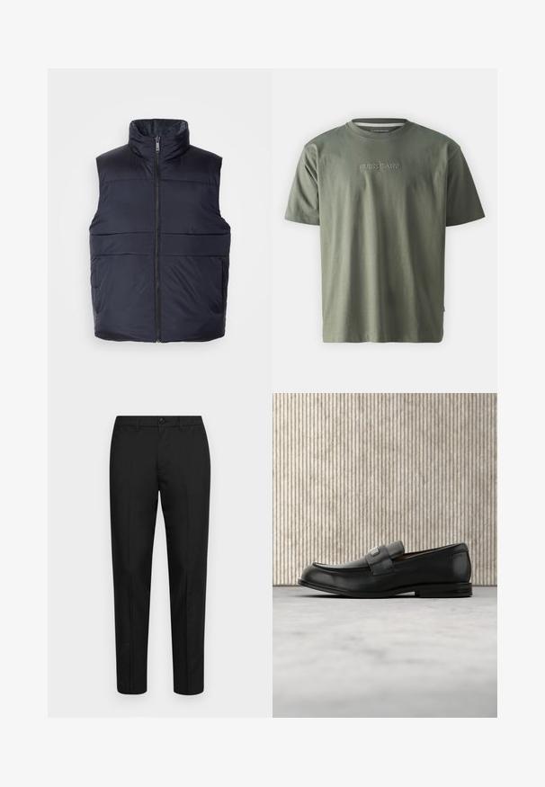 Navy blå dunvest med høj krave og forknebet lynlås, der har en glat, let glansende overflade og vandrette syninger.; Oliven grøn, kortærmet t-shirt lavet af bomuld, med rund hals og broderet "GUESS JEANS" logo på forsiden.; Sorte bukser lavet af glat stof med slim fit, med knaplukning, bæltestropper og lige ben.; Sort læderloafer med metalbrandskilt hvilende nær et brunt rundt bord på beige tæppe.