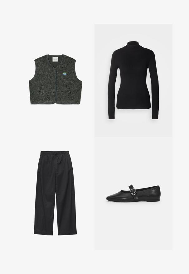 Harmaa fleece-vesti, jossa on teksturoitu, silmukkakudottu kangas. Varustettu nappikiinnityksellä, pyöreällä kaula-aukolla ja pienellä logo-patchilla vasemmassa rinnassa.; Musta poolapainen neuletakki, joka on valmistettu kevyestä neulekankaasta. Siinä on pitkät hihat, istuva muotoilu ja pehmeä ribsikuvio.; Mustat leveälahkeiset housut, joissa on joustava vyötärönauha ja säädettävä nyöri, valmistettu kevyestä kankaasta.; Mustat nahkakengät, joissa on pyöreä kärki, yksi säädettävä solkiremmija sileä, kiiltävä pinta. Minimalistinen muotoilu ja matala korko.