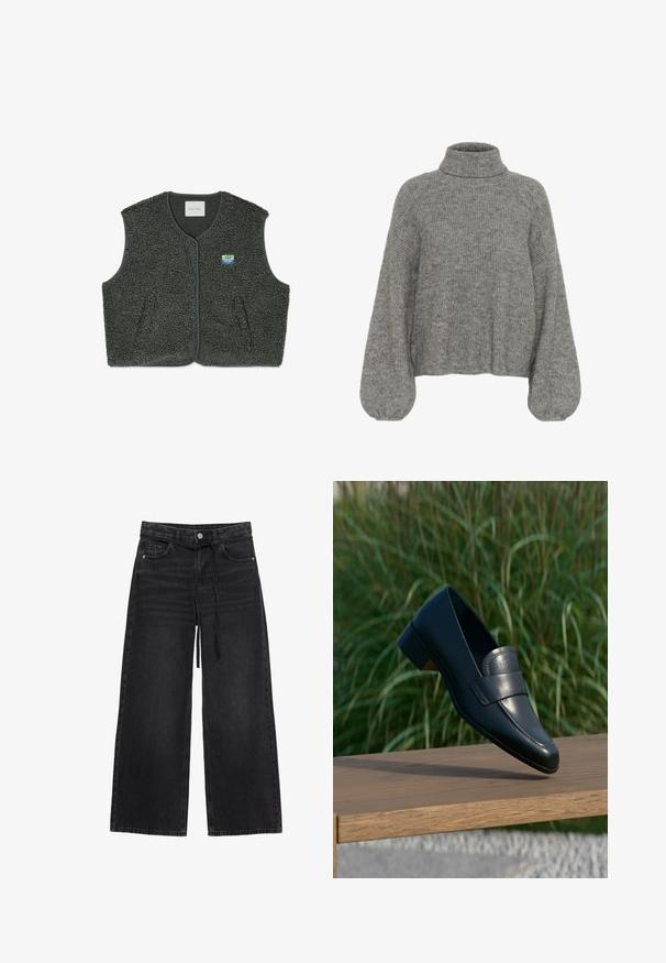 Grijze fleece vest van een geweven, lusachtige stof. Voorzien van een knoopsluiting, ronde hals en een klein logo op de linkerkant van de borst.; Grijze, geribbelde gebreide trui met een hoge hals, verlaagde schouders en volumineuze mouwen. Zachte textuur en cropped lengte.; Zwarte jeans met wijde pijpen, voorzakken, broekriemlussen, knoopsluiting, ritssluiting en een zwarte trekkoord in de taille.; Zwarte leren loafer met lage hak die balanceert op de rand van een houten bankje buiten met hoog groen gras op de achtergrond.