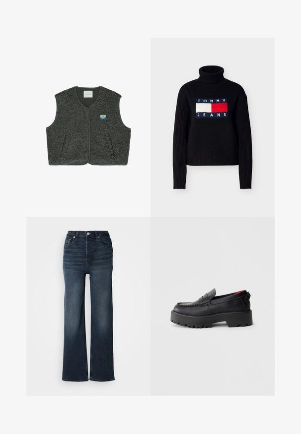 Harmaa fleece-vesti, jossa on teksturoitu, silmukkakudottu kangas. Varustettu nappikiinnityksellä, pyöreällä kaula-aukolla ja pienellä logo-patchilla vasemmassa rinnassa.; Musta neulepaita, jossa on resorit hihansuissa ja poolokaulus. Edessä sininen, punainen ja valkoinen logo-patch, jossa teksti "TOMMY JEANS".; Tummansiniset leveät farkut, valmistettu denimmateriaalista. Korkeavyötäröinen malli, jossa on etunapit ja sivutaskut. Sujuva pinta ja klassinen leikkaus.; Mustat nahkakengät loafer-tyyliin, joissa on paksu, teksturoitu pohja, yksityiskohtainen ommel ja matala korko. Ominaisuuksiin kuuluvat avoin takaosa ja hienovarainen bränditys.