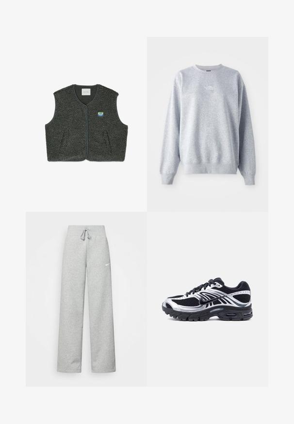Grå fleecevest med et struktureret, løkkestof. Har knaplukning, rund hals og et lille patch-logo på venstre bryst.; Grå sweatshirt med lange ærmer, rund halsudskæring, ribbede manchetter og kant. Har et lille hvidt logo på brystet. Materialet er en blanding af bomuld.; Grå sweatpants med elastisk talje, snor detaljer og et lille hvidt Nike-logo på venstre lår. Blødt stof, løs pasform.; Sort og sølv Nike løbesko med mesh-overdel, luftpolstret sål og snørebånd, vist fra siden på en hvid baggrund.