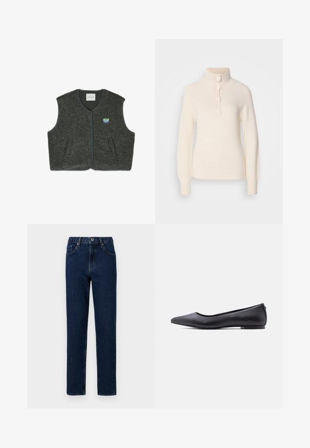 Grijze fleece vest van een geweven, lusachtige stof. Voorzien van een knoopsluiting, ronde hals en een klein logo op de linkerkant van de borst.; Crème-kleurige pull met hoge kraag, voorzien van een placket met vier knopen en geribde manchetten en onderkant. Gemaakt van zachte, gestructureerde stof.; Donkerblauwe spijkerbroek met een rechte pijp, met een tailleband met een elastisch gedeelte, frontzakken en minimale stikdetails.; Zwarte platte leren schoen met puntige neus en lage hak, zijaanzicht tegen een witte achtergrond.