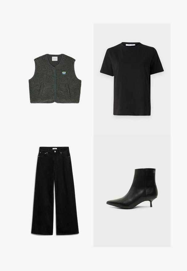 Šedý fleecový sveter s textúrovanou, slučkovou textíliou. Má zapínanie na gombíky, okrúhly výstrih a malú nášivku loga na ľavej hrudi.; Čierne tričko s krátkym rukávom vyrobené z mäkkej bavlny, s okrúhlym výstrihom, uvoľneným strihom a hladkou štruktúrou. Žiadne viditeľné vzory ani grafika.; Čierne široké džínsy vyrobené z denimu, so zvýšeným pásom, piatimi vreckami a striebornými akcentmi. Hladká textúra, čistý dizajn.; Čierna kožená členková šnúrovacia obuv s ostrou špičkou a nízkym kitten podpätkom na svetlom pozadí, pohľad z vonkajšej strany.