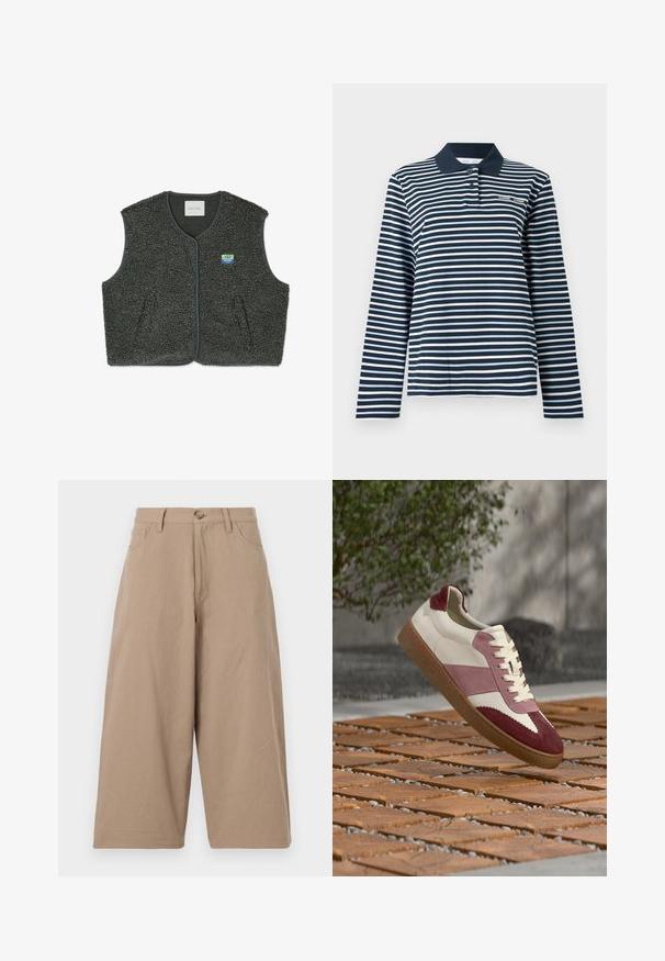 Grijze fleece vest van een geweven, lusachtige stof. Voorzien van een knoopsluiting, ronde hals en een klein logo op de linkerkant van de borst.; Poloshirt met lange mouwen in marineblauw en witte strepen, gemaakt van katoen, met een knoopsluiting bij de kraag en een klein logo op de borst.; Kaki wijde broek van katoen, met een hoge taille, voorzakken en een enkele knoopsluiting. Soepele textuur en rechte snit.; Witte leren sneaker met bordeauxrode en roze suède accenten, met een gestructureerde zool en klassiek vetersluiting, boven een houten oppervlak verhoogd.