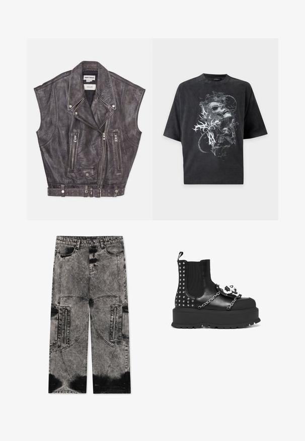 Chaleco de cuero gris sin mangas con un acabado texturizado, cierres de cremallera diagonales y un cinturón con tachuelas en la cintura. Diseño de solapa notable.; Camiseta negra de manga corta oversize con un gráfico abstracto gris de una cara distorsionada y formas orgánicas en la parte delantera.; FAVELA BIG POCKET - Vaqueros holgados - black acid washed; Botín negro de plataforma con tachuelas plateadas, detalles de cadena y una decoración de calavera blanca en el panel frontal.