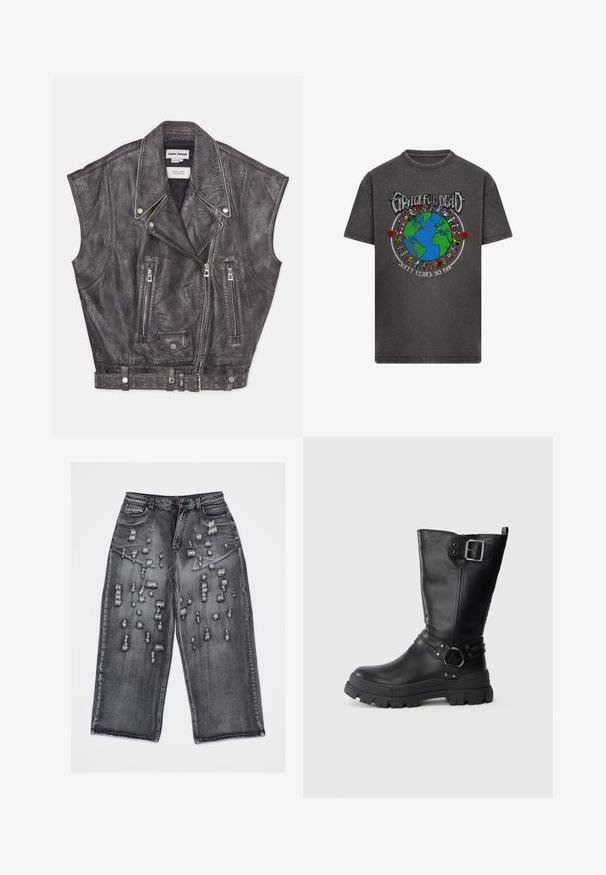 Chaleco de cuero gris sin mangas con un acabado texturizado, cierres de cremallera diagonales y un cinturón con tachuelas en la cintura. Diseño de solapa notable.; Camiseta de color gris oscuro con un gráfico colorido de la Tierra rodeado de osos que bailan, con el texto "Grateful Dead" arriba y "Sesenta Años Hasta Ahora" abajo.; Vaqueros negros de pierna ancha con múltiples roturas horizontales y parches desgastados en la parte frontal de los muslos y las rodillas.; Bota de cuero negro hasta la rodilla con suela de goma gruesa, que presenta un pasador lateral, detalle de correa y acabado texturizado.