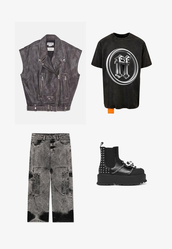 Ærmeløs grå lædervest med en struktureret finish, skrå lynlåslukninger og et nitterbælte i taljen. Bemærkelsesværdig reversdesign.; Forgotten Faces RADIANT LOGO ACID - T-shirts print - black; FAVELA BIG POCKET - Loose-jeans - black acid washed; Sort platformstøvle med sølvnitter, kædedetaljer og en hvid kranie dekoration på frontpanelet.