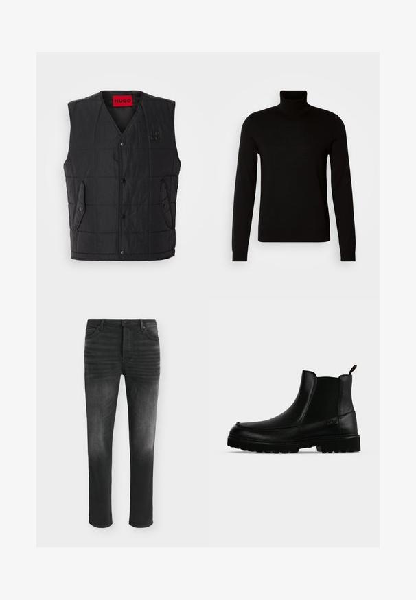 Gilet rembourré noir avec un design en col V, dotée de boutons-pression, de deux poches latérales et d'une étiquette rouge contrastante à l'intérieur. Tissu texturé.; Pull col roulé noir en tissu tricoté fin, doté de manches longues et d'une silhouette ajustée. Texture lisse avec des poignets côtelés.; Jean skinny noir avec des détails délavés, style cinq poches et fermeture par bouton à la taille.; Bottine noire en cuir avec semelle texturée, panneaux latéraux élastiques et languette de tirage sur fond gris clair.