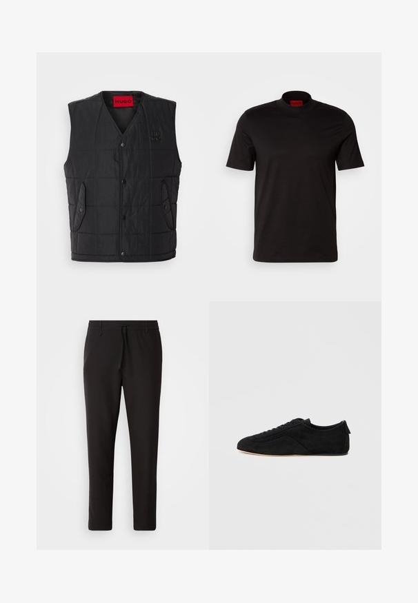 Gilet rembourré noir avec un design en col V, dotée de boutons-pression, de deux poches latérales et d'une étiquette rouge contrastante à l'intérieur. Tissu texturé.; T-shirt noir à manches courtes avec un design à col haut. Fabriqué en tissu lisse. Présente une étiquette de marque rouge à l'intérieur du col.; Pantalons de jogging noirs en tissu lisse. Dotés d'une taille élastique avec cordon de serrage, jambes fuselées, et sans poches visibles. Design simple.; Basket basse en daim noir avec lacets à l’avant et semelle beige, vue de côté extérieur sur fond gris clair.