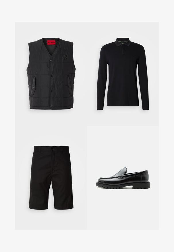Gilet rembourré noir avec un design en col V, dotée de boutons-pression, de deux poches latérales et d'une étiquette rouge contrastante à l'intérieur. Tissu texturé.; Polo noir à manches longues en tissu lisse. Doté d'un col, d'une patte de boutonnage à trois boutons et d'un logo discret sur la poitrine.; Shorts noirs en tissu uni, avec une coupe droite, fermeture à bouton et une texture lisse sans motifs visibles.; Mocassin en cuir noir avec semelle en caoutchouc épaisse, dessus cousu et nom de marque embossé sur le talon, présenté de profil sur fond blanc.