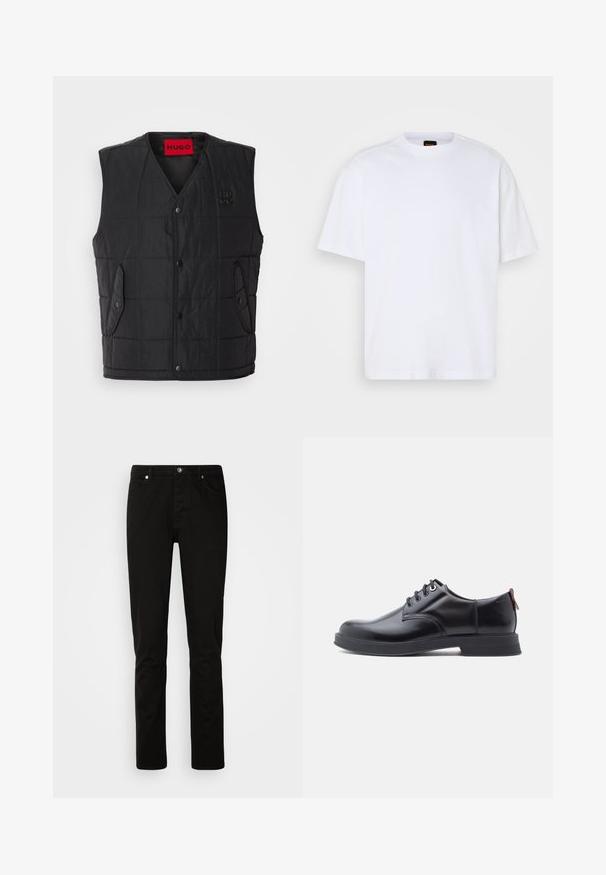 Gilet rembourré noir avec un design en col V, dotée de boutons-pression, de deux poches latérales et d'une étiquette rouge contrastante à l'intérieur. Tissu texturé.; T-shirt en coton blanc avec un col rond, des manches courtes et une coupe décontractée. Les coutures épaules texturées ajoutent un détail supplémentaire.; Jeans noirs à jambe droite avec fermeture devant par bouton et fermeture éclair, poches avant et arrière, présentés sur un fond clair uni.; Chaussures en cuir noir à lacets avec une texture lisse, un bout arrondi et des détails de couture discrets. Présentent une languette rouge à l'arrière.