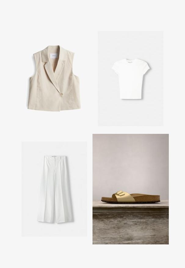 Beige mouwloze blazer met een geklopte kraag, enkele knoopsluiting en een textuurstof. Label luidt "OPUS."; Witte t-shirt met korte mouwen van zachte katoen, met een ronde halslijn en een getailleerde vorm. Geen zichtbare patronen of versieringen.; Witte wijde pantalons met een hoge taille, middenvouw en klassieke knoopsluiting. Gemaakt van een soepele stof met een verfijnd ontwerp.; Gouden synthetische slipper met een enkele band en een gespaccent, met een bruine kurken voetbed en een gestructureerde rubberen zool.