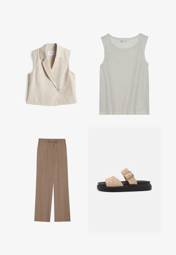 Beige mouwloze blazer met een geklopte kraag, enkele knoopsluiting en een textuurstof. Label luidt "OPUS."; Lichtgrijs mouwloos topje van een zachte, gestructureerde brei-stof. Heeft een ronde halslijn en een losse pasvorm. Het label binnenin zegt "ANNA FIELD".; Brede broek in een lichtbruin, gemaakt van een zachte stof. Heeft een elastische tailleband met een trekkoord en geen zichtbare zakken.; Beige suède sandalen met een gebogen band, goudkleurige gesp en een zwarte plateauzool. Vlak ontwerp, geschikt voor casual draagstijl.