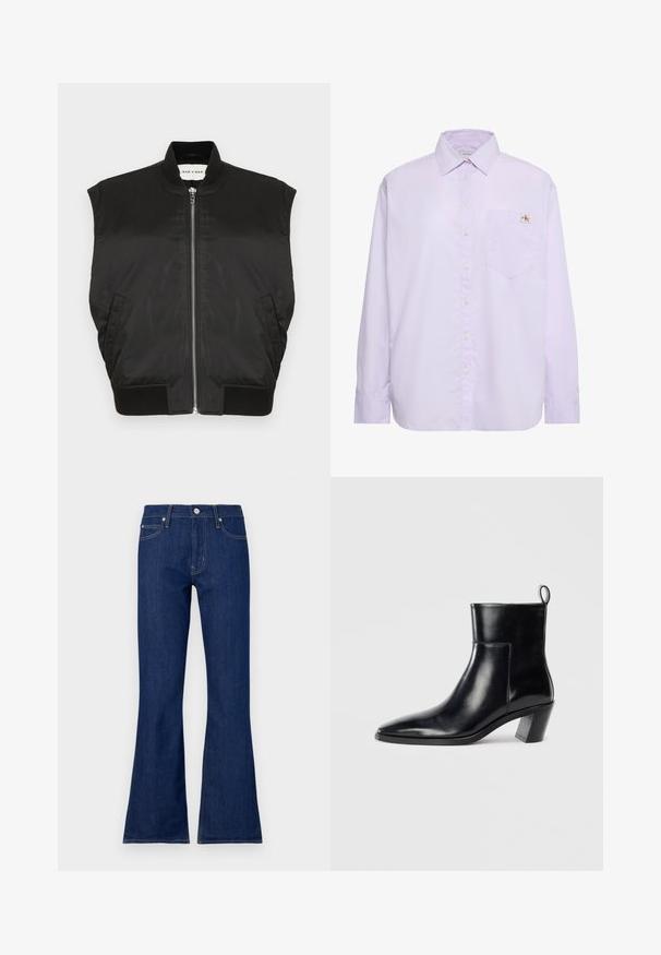 Sort ærmeløs jakke i et glat stof med høj hals, lynlås foran, samt ribbet kant og armåbninger. Inkluderer to sidelommer.; Lys lilla langærmet skjorte med knapper, venstre brystlomme og lille Calvin Klein-logo over lommen.; Mørkeblå bootcut jeans med klassisk knap- og lynlåslukning, fem lommer og kontrastsyet detaljer. Fremstillet af denimstof.; Sort læder ankelstøvle med spids tå, geometrisk stablet hæl og en løftestrop bagpå. Glat tekstur og slankt design.