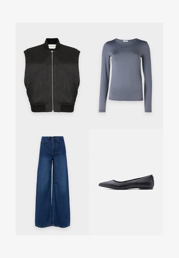 Zwarte mouwloze jas van een gladde stof met een hoge nek, ritssluiting aan de voorkant en geribbelde zoom en armsgaten. Inclusief twee zijzakken.; Grijs long-sleeve shirt gemaakt van zacht materiaal, met een ronde hals en het woord "BLANCHE" in zwarte letters op de borst gedrukt.; Vanessa Bruno BILBAO - Wide leg - royal; Zwarte platte leren schoen met puntige neus en lage hak, zijaanzicht tegen een witte achtergrond.