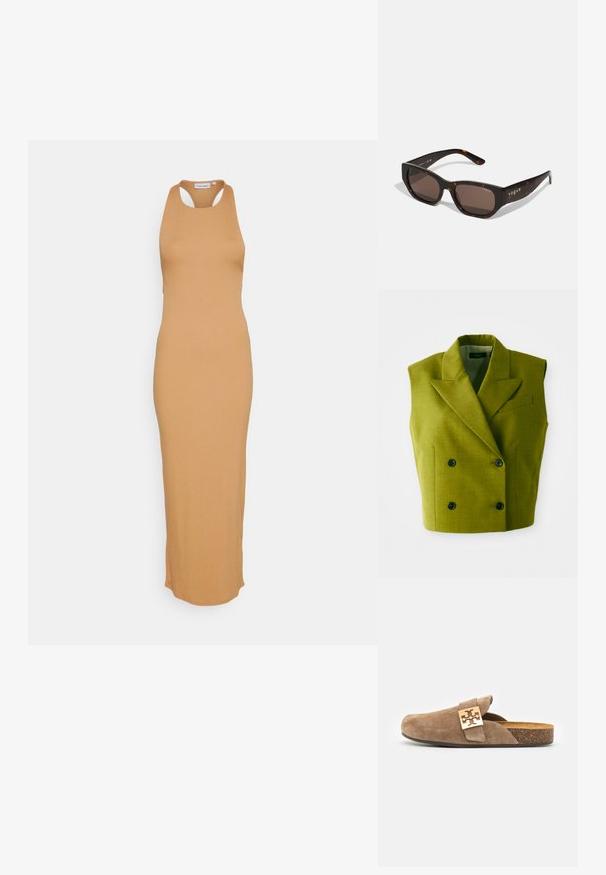 Ääreliseta, topelt-nööpidega oliiviroheline bleiser, millel on teravad kraed ja neli musta nööpi, valge taustaga.; Calvin Klein NOVE CUT-OUT MAXI DRESS - Kampsunkleit - pale terracotta; Tory Burch MELLOW MULE - Tagant lahtised kingad - river rock/gold; Kilpkonnakilbi günekaurid pruunide ristkülikukujuliste läätsedega. Läikiv plastikraam, millel on külgedel kuldne "vogue" bränding.