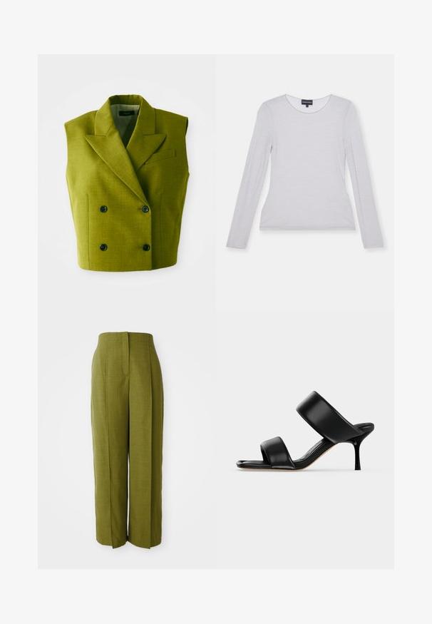 Sømløs dobbeltbrystet olivengrøn blazer med spidse lapeller og fire sorte knapper på hvid baggrund.; Langærmet, lysegrå bluse i et blødt stof med rund halsudskæring og tætsiddende design. Glat tekstur, ingen synlige mønstre eller accenter.; Theory Bukser - avocado; Sort læder mule sandal med to brede remme og en slank mellemhøj stiletthæl på en ensartet lys baggrund.