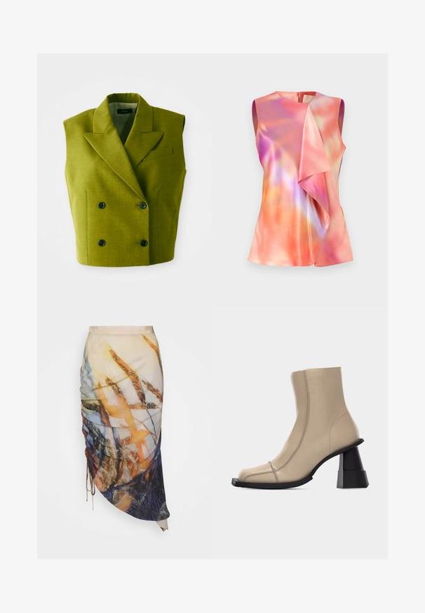 Sømløs dobbeltbrystet olivengrøn blazer med spidse lapeller og fire sorte knapper på hvid baggrund.; Ærmeløs top i satinmateriale, der præsenterer et farverigt abstrakt mønster med nuancer af pink, orange og violet, samt en draperet frontdesign.; Materiel DIAGONAL GATHERED SKIRT - Pencil skirt - golden hour; Beige læder ankelstøvle med firkantet tå, synlige sømme og chunky sort skulptureret blokhæl på hvid baggrund.