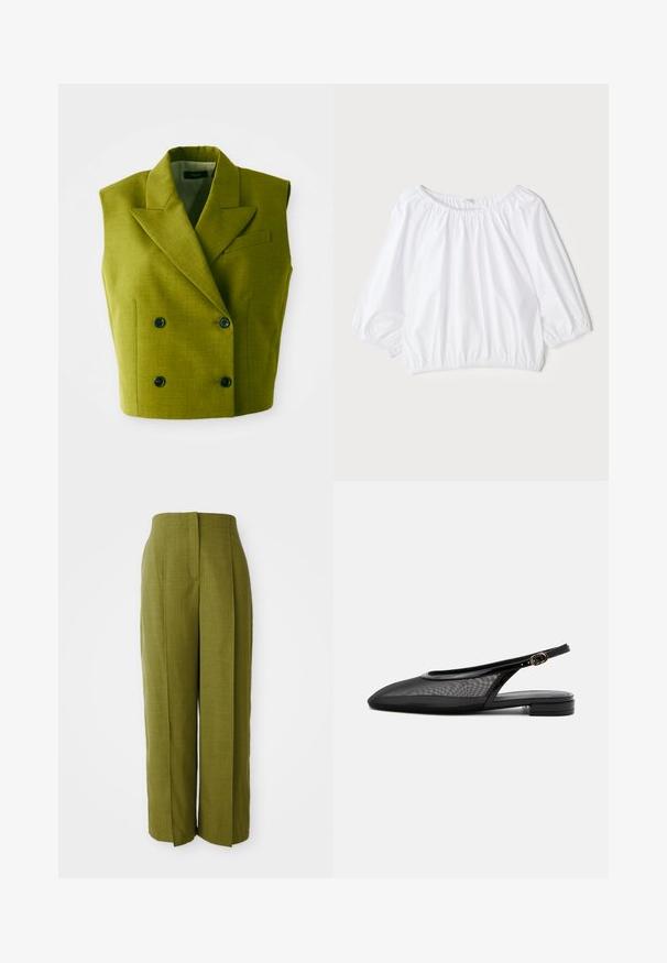 Blazer sin mangas de doble botonadura en color verde olivo, con solapas en punta y cuatro botones negros sobre un fondo blanco.; Blusa blanca y ligera con escote redondo, mangas abullonadas de tres cuartos y cintura elástica, que presenta una textura suave y brillante.; Theory Pantalones - avocado; Zapato plano negro tipo slingback con punta estrecha, parte superior de malla, correa ajustable con hebilla y tacón bajo apilado sobre fondo blanco.