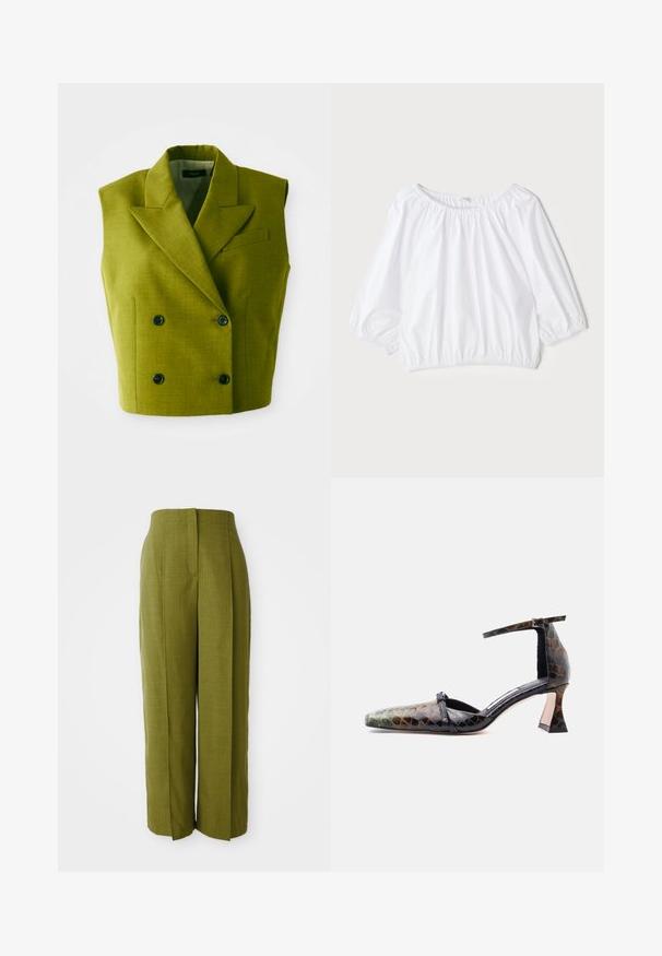 Mouwloze dubbele knopen olijfgroene blazer met pieklenzen en vier zwarte knopen op een witte achtergrond.; Witte, lichte blouse met een ronde halslijn, driekwart mouwen met pof en een elastische taille, met een gladde, glanzende textuur.; Theory Broek - avocado; Zwart-bruine leren hoge hak met krokodillenstructuur, puntige neus en enkelriem, zijaanzicht op witte achtergrond.
