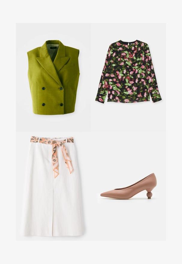 Ärmelloses, doppelt geknöpftes, olivgrünes Blazer mit Spitzenrevers und vier schwarzen Knöpfen vor einem weißen Hintergrund.; Langärmliges Oberteil aus schwarzem Stoff mit floralen Mustern in Pink und Grün. Rundhalsausschnitt mit einem leichten Faltendetail.; Weißer Midirock mit einer gemusterten Seidenkrawatte in der Taille. Verfügt über einen geraden Schnitt und eine subtile Textur. Keine sichtbaren Verschlüsse.; Weekend Max Mara RENZA - Pumps - nudo