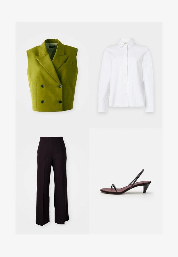 Blazer sin mangas de doble botonadura en color verde olivo, con solapas en punta y cuatro botones negros sobre un fondo blanco.; CLOSED CLASSIC SHIRT WITH STRAP DETAIL - Blusa - white; Pantalones amplios negros de tiro alto, con una textura suave y sutiles pliegues frontales, diseñados para un ajuste estructurado.; Sandal de tacón negro con tiras finas y una pequeña hebilla decorativa. La plantilla es de un color burdeos contrastante y cuenta con un tacón cónico delgado.