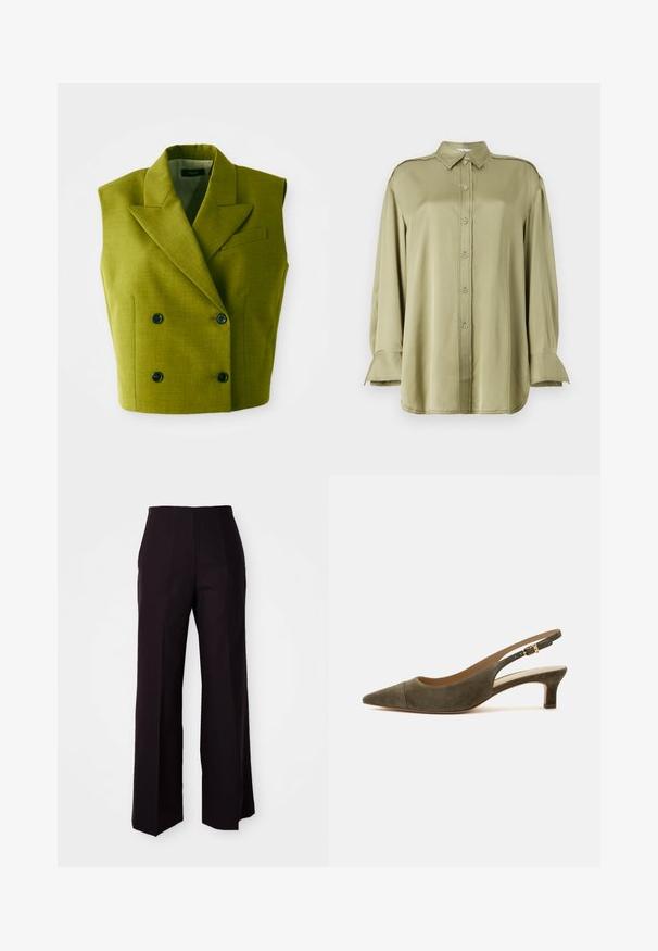 Mouwloze dubbele knopen olijfgroene blazer met pieklenzen en vier zwarte knopen op een witte achtergrond.; Olijfgroen blouse gemaakt van soepel stof, met een kraag, knopen aan de voorkant, lange mouwen met manchetaccenten, en rafelige details.; Zwarte wijde broek met hoge taille, voorzien van een gladde textuur en subtiele voormouwen, ontworpen voor een gestructureerde pasvorm.; Olijfgroene suède slingback schoen met puntige neus, lage kittenhak en gouden gesp op een witte achtergrond.