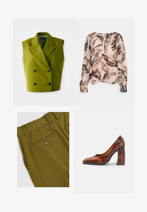 Ärmelloses, doppelt geknöpftes, olivgrünes Blazer mit Spitzenrevers und vier schwarzen Knöpfen vor einem weißen Hintergrund.; DKNY PEASANT BLOUSE - Bluse - ivory/gold sand; Olivgrüne Hose aus glattem Stoff, mit einer Gesäßtasche mit Knopfverschluss und Gürtelschlaufen für eine verstellbare Passform.; ECKHAUS LATTA BOWED COMBO ABRASIVATO - High Heel Pumps - brown