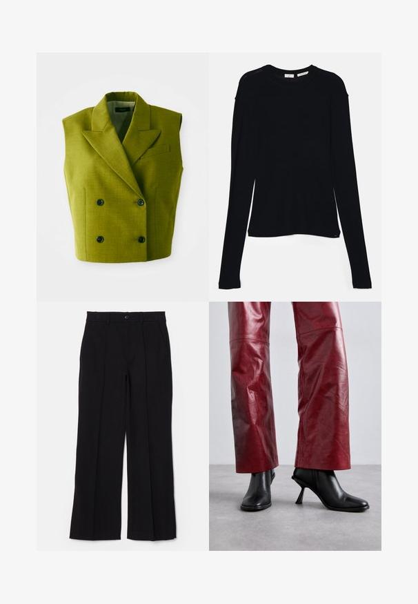 Sømløs dobbeltbrystet olivengrøn blazer med spidse lapeller og fire sorte knapper på hvid baggrund.; Sort langærmet bluse lavet af blødt stof, med rund halsudskæring og en afslappet pasform med sideslids i kanten for nem bevægelse.; Sorte bukser med flad front, lige ben og lommer. Fremstillet af et blødt stof, med en enkelt knaplukning og bæltestropper.; Sorte ankelstøvler med højhælede og spidse tæer, i en vinkelret design, parret med højtaljede røde læderbukser med et subtilt mønster.
