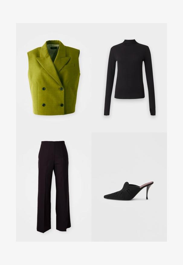 Blazer sin mangas de doble botonadura en color verde olivo, con solapas en punta y cuatro botones negros sobre un fondo blanco.; Camiseta negra ajustada de manga larga con cuello alto, mostrada sobre un fondo gris claro liso.; Pantalones amplios negros de tiro alto, con una textura suave y sutiles pliegues frontales, diseñados para un ajuste estructurado.; Mule negro de tacón alto con punta puntiaguda, tejido suave con textura fruncida en la parte delantera y tacón de aguja delgado.