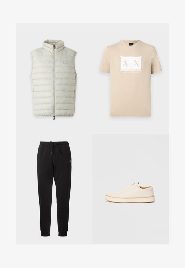 Doudoune sans manches gris clair avec fermeture éclair à l'avant et col montant, avec le logo EA7 Emporio Armani sur la poitrine gauche.; T-shirt beige à manches courtes et col rond avec le logo "A|X" d'Armani Exchange en blanc centré sur la poitrine.; Pantalon de survêtement noir fuselé avec taille élastique, cordon, poches latérales et poignets côtelés, présenté sur fond uni.; Baskets en cuir blanc avec un bout rond, design simple à lacets, semelle intérieure rembourrée et semelle en caoutchouc beige contrastante. Texture lisse sur l'ensemble.