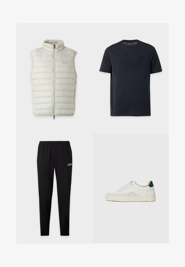 Doudoune sans manches gris clair avec fermeture éclair à l'avant et col montant, avec le logo EA7 Emporio Armani sur la poitrine gauche.; T-shirt noir à manches courtes avec col rond, comportant un logo aigle en relief discret sur la poitrine et une étiquette de marque à l'intérieur du col.; Pantalon de survêtement slim noir avec taille élastique et petit logo sur le haut de la cuisse sur fond uni.; Baskets blanches avec des accents en daim, bout arrondi, lacets plats et semelle en caoutchouc crème. Présente une marque verte sur le talon.