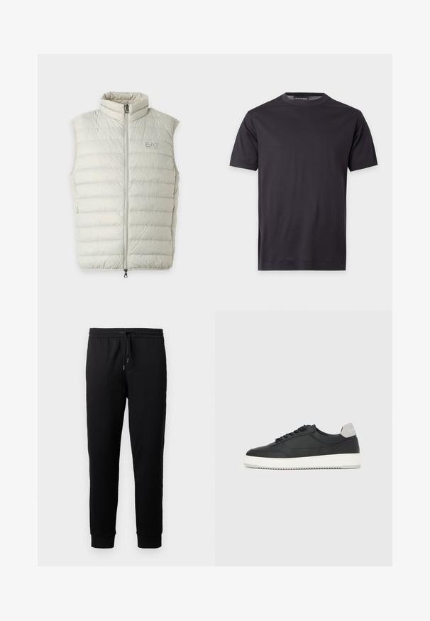 Doudoune sans manches gris clair avec fermeture éclair à l'avant et col montant, avec le logo EA7 Emporio Armani sur la poitrine gauche.; T-shirt noir uni à manches courtes avec col rond, avec un petit logo ton sur ton sur la poitrine gauche et une étiquette de marque au niveau du col.; Pantalons de jogging noirs en tissu doux avec une taille élastique et un cordon de serrage. Présente des jambes fuselées avec des poignets côtelés.; Baskets basses noires avec semelle blanche et languette grise au talon, vue de profil sur un fond blanc uni.