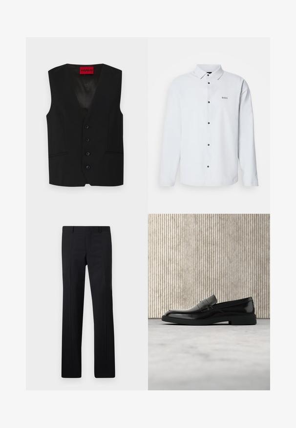 Sort vest med V-hals, fem knaplukninger og to frontlommer. Lavet af glat stof med et elegant, skræddersyet udseende.; Hvid langærmet skjorte med knapper i sort og krave, med et lille "BOSS" logo på venstre bryst.; Sorte skræddersyede bukser med et lige ben design, skarpe folder og en glat overflade. Fremstillet af letvægtsstof med en ren talje.; Sort poleret læderloafer flydende over beige tæppe med orange gennemsigtigt møbel i baggrunden.