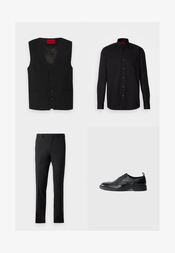 Musthave mustrits v-kaelusega, viis nööpide kinnitust ja kaks eesmist taskut. Valmistatud siledast kangast, omades stiilset ja dekoratiivset välimust.; Must mustriga särk, mis on valmistatud siledast kangast ja millel on klassikaline krae, nööpidega esikinnitus ning kohandatud lõige.; Mustad püksid, millel on kohandatud lõige, lame esiosa, kaks pressitud voldikut, vöökohad ja sile tekstuur. Ei ole nähtavaid mustreid ega metalli.; Must have nahkaneediga wingtip Oxford kingad brogue detailidega, tõmbeasa kandmisel ning paksu kummitaldaga valge tausta ees.